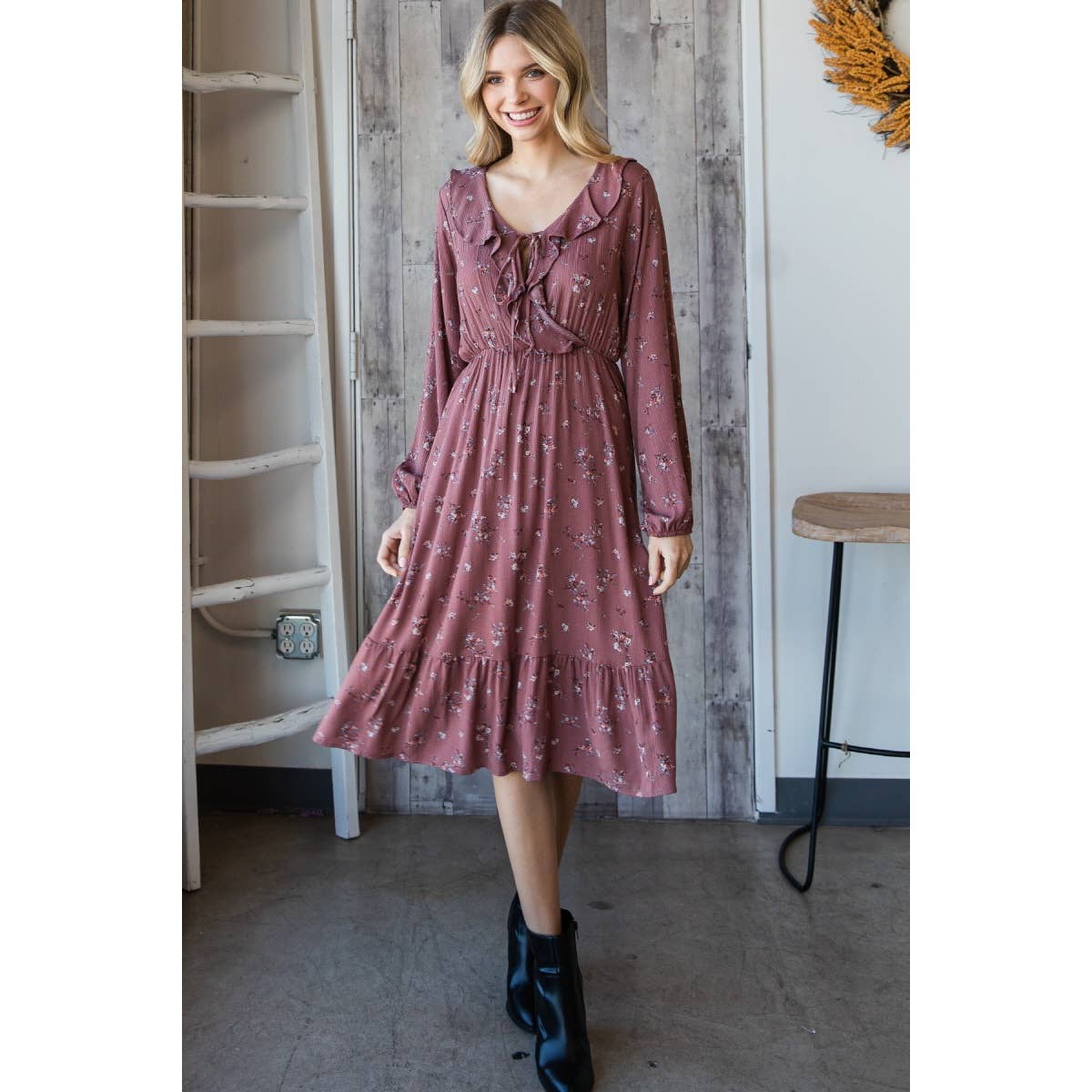 Floral Ruffled Tie Front Midi Dress