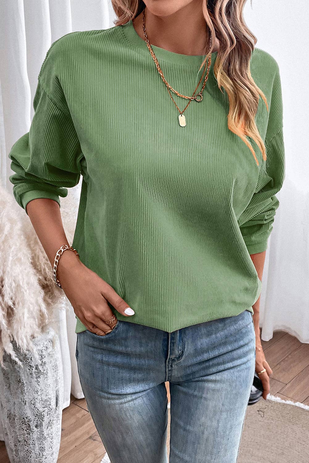 Long Sleeve Ribbed Corded Oversized Sweatshirt