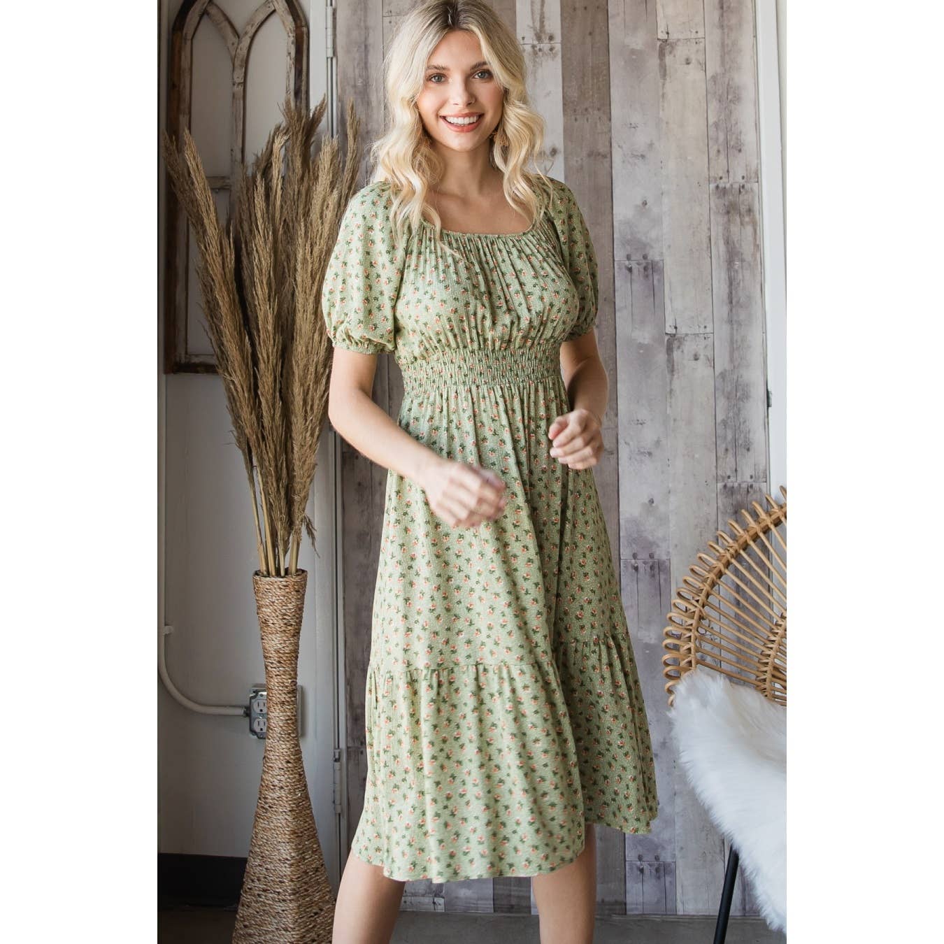 Floral Tiered Smocked Midi Dress