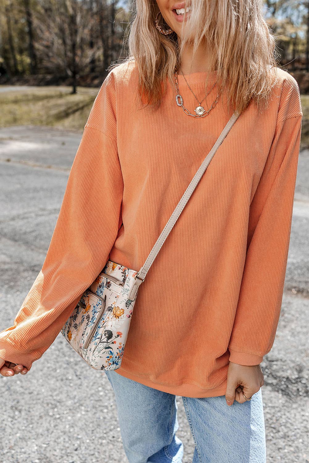Long Sleeve Ribbed Corded Oversized Sweatshirt