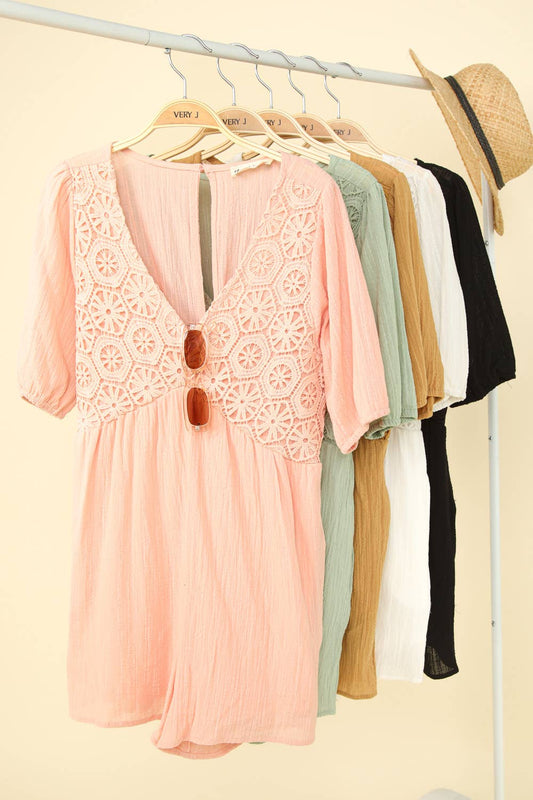 NP70387-Lace Detail Puff Sleeve Solid Woven Romper