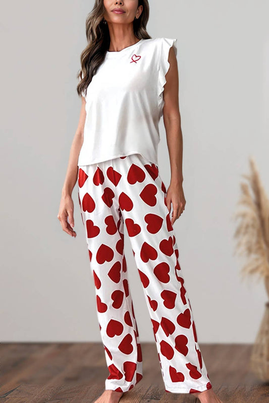 Heart Print Ruffled Top & Pants Valentine Pajamas | S-XL