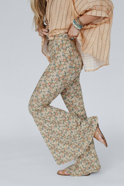 Dream in Flowers Flare Pants - Denim Khaki