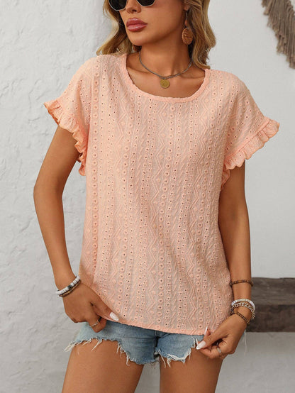 Solid Color Crewneck Sweet Short-Sleeve Hollow-Out Top