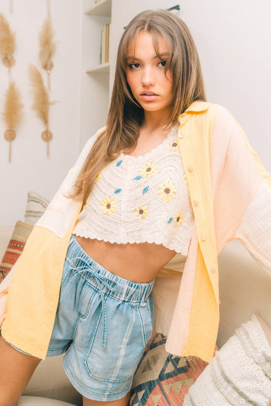 NT10324-Color Blocked Button Down Shirt