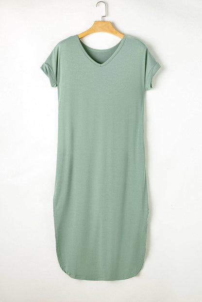 V Neck Hidden Pocket Splits Maxi T-shirt Dress