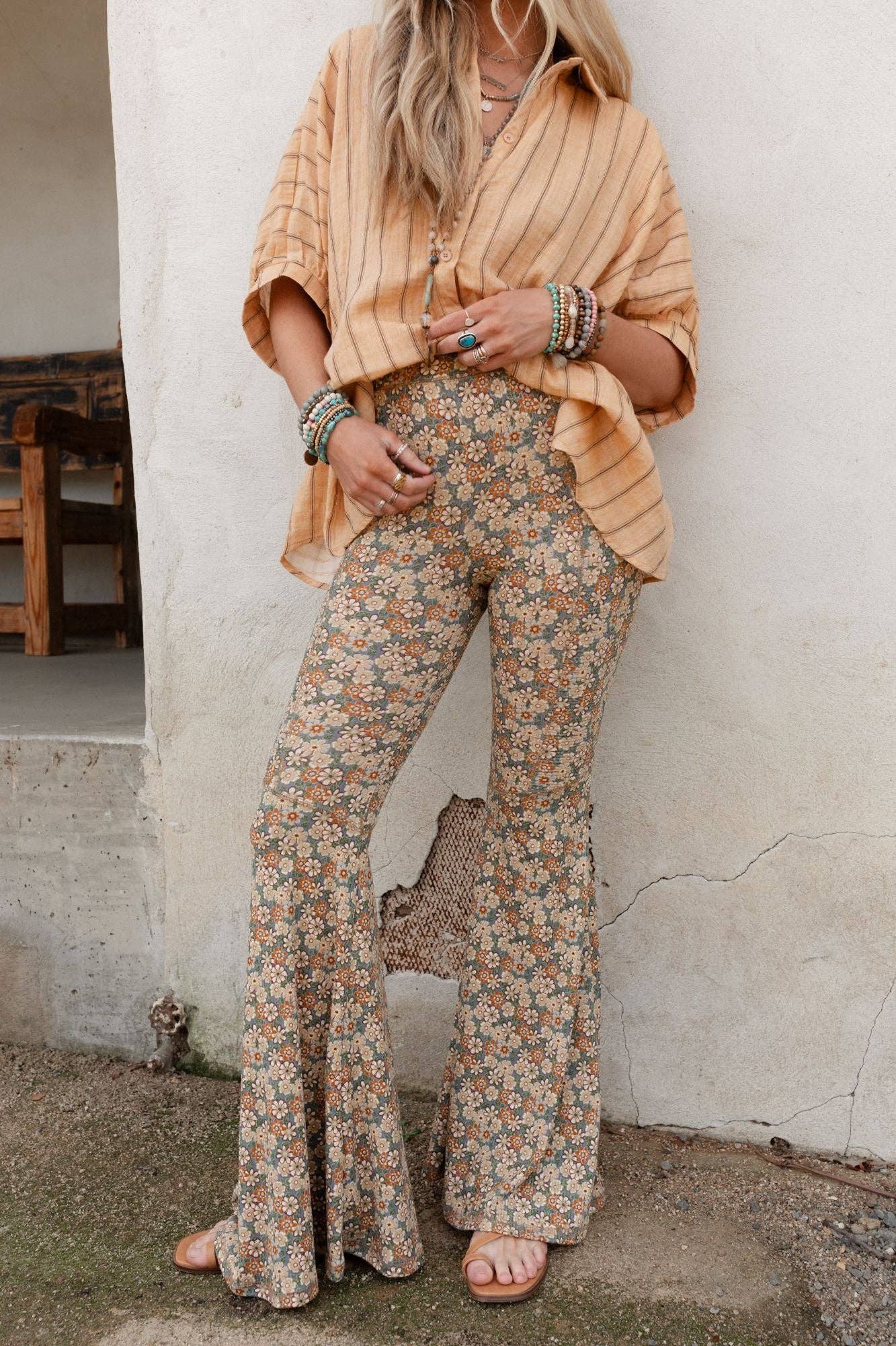 Dream in Flowers Flare Pants - Denim Khaki