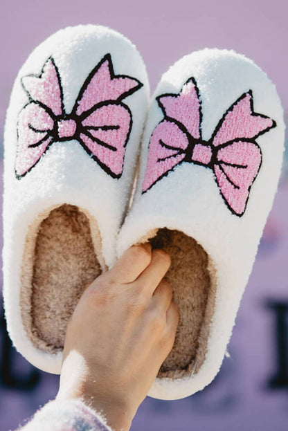 Bowknot Pattern Fuzzy Warm Slippers | US6-9.5