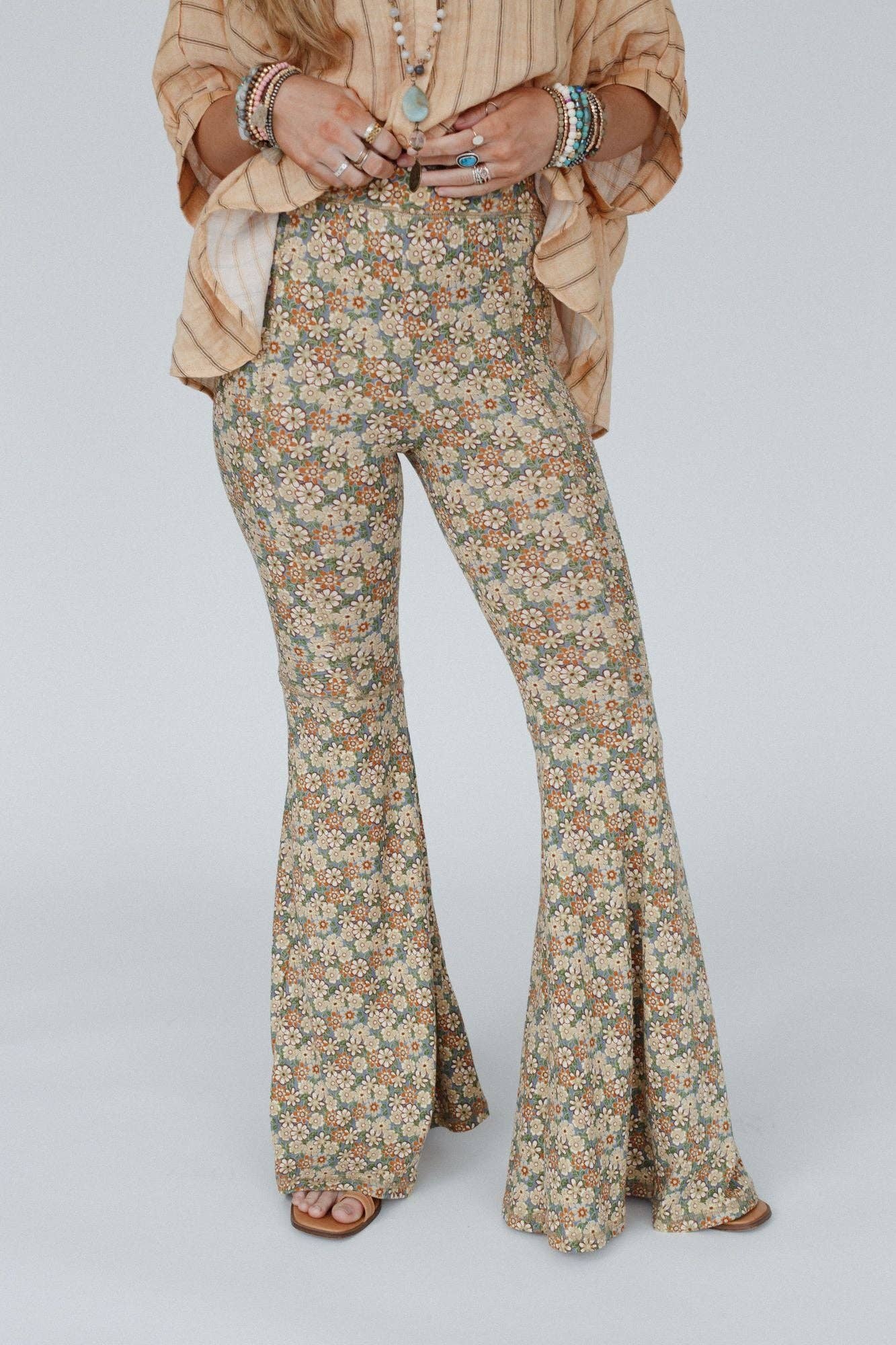 Dream in Flowers Flare Pants - Denim Khaki