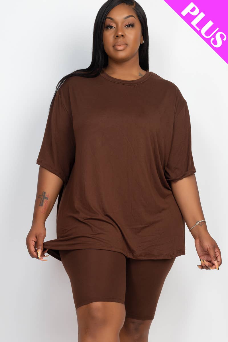 Plus Size Loose Fit Top & Bike Shorts Set
