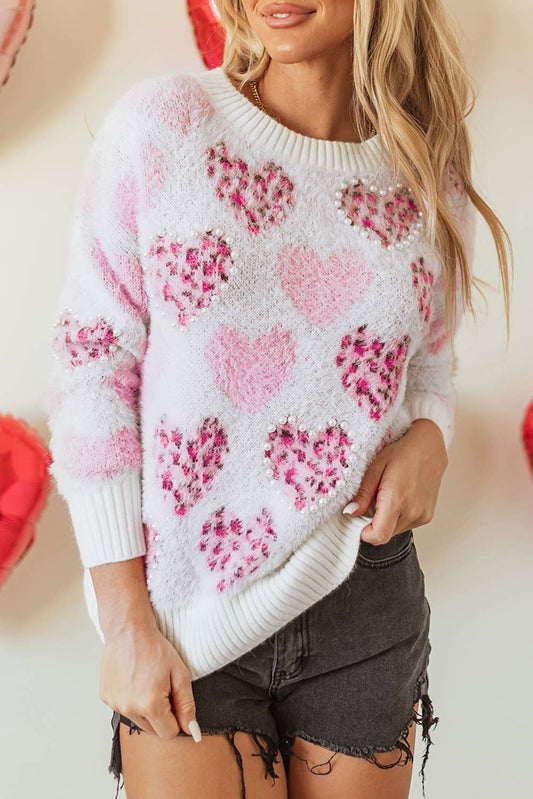 Heart Leopard Print Pearled Valentine's Sweater | S-XL