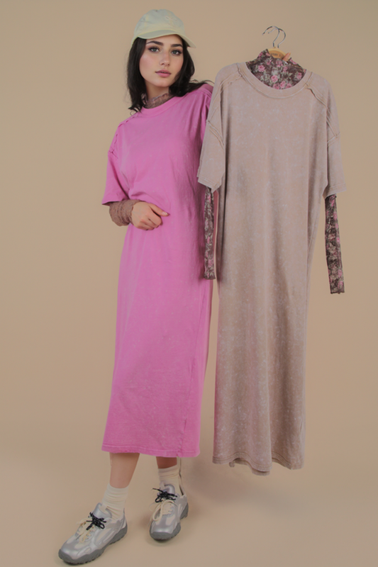 ND31601-Mineral Washed Casual Comfy Midi Dress